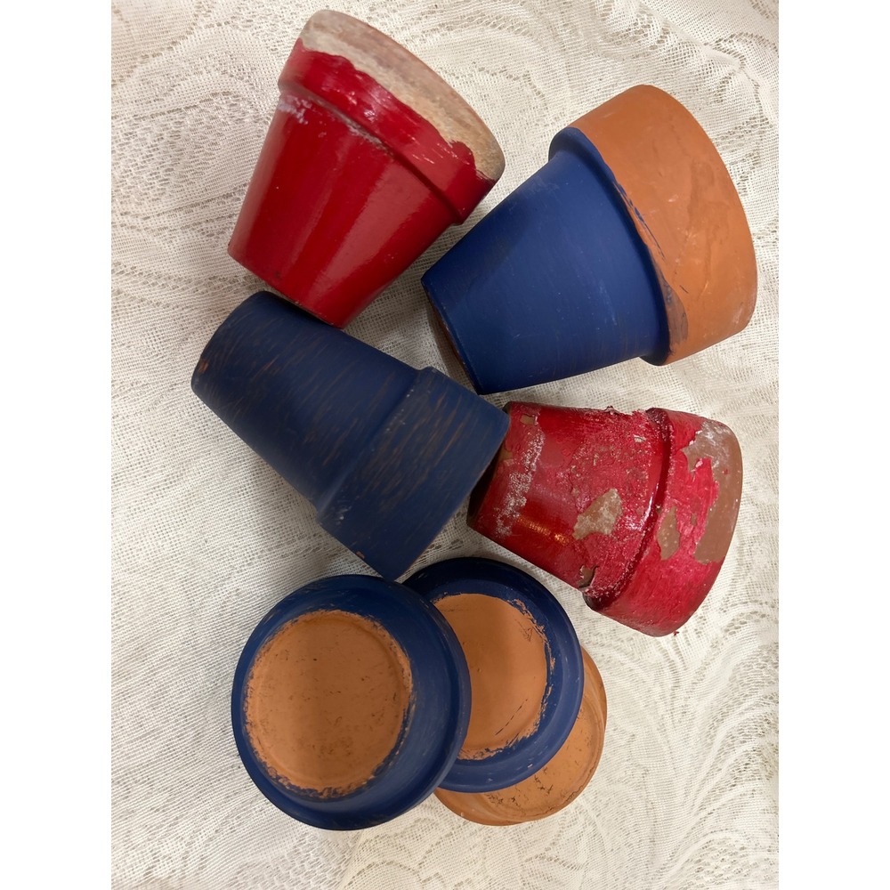 Rustic Hand Painted Terracotta Flower Pots Saucers 4 Small Distressed Red Blue